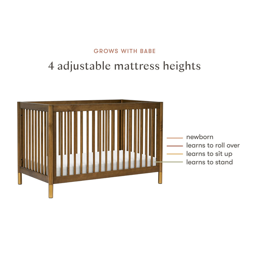 Gelato 4-in-1 Convertible Crib with Toddler Bed Conversion Kit in Natural Walnut & Gold Feet
