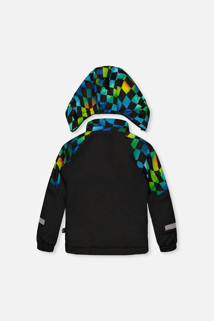 Two Piece Play Snowsuit Black Colorblock With Green Yellow And Blue Checkerboard Pants