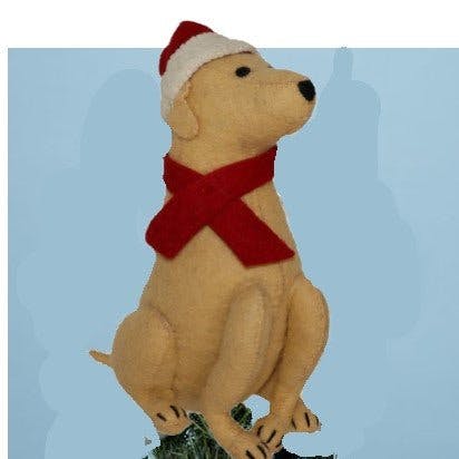 Tan Yellow Lab Santa Hat Christmas Tree Topper Hand Felted Wool