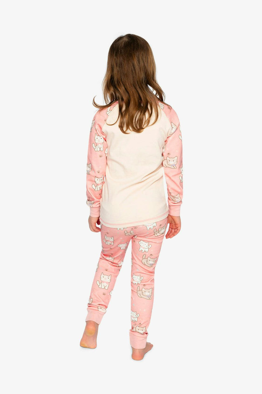 Organic Cotton Two Piece Pajama Set Pink Cat Print