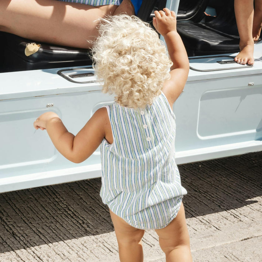 baby tamarin stripe french terry bubble romper
