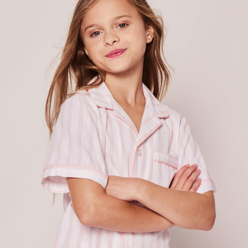 Kid's Twill Pajama Short Set in Pink and White Stripe