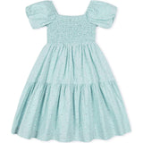Linen Smocked Short Bubble Sleeve Dress, Blue