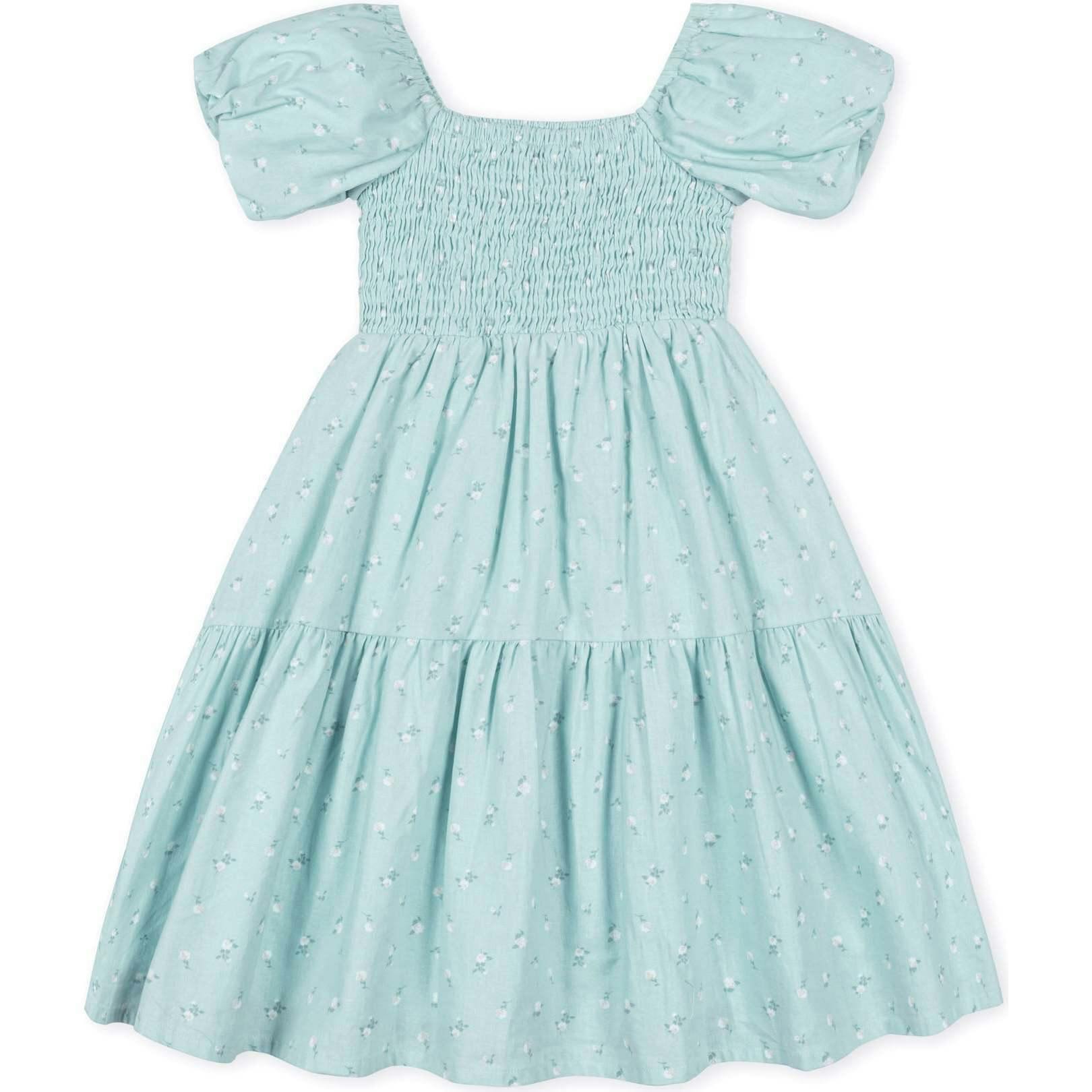 Linen Smocked Short Bubble Sleeve Dress, Blue