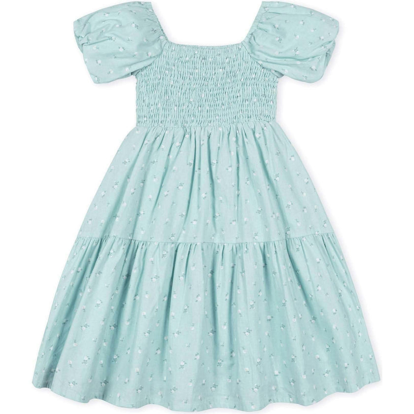 Linen Smocked Short Bubble Sleeve Dress, Blue