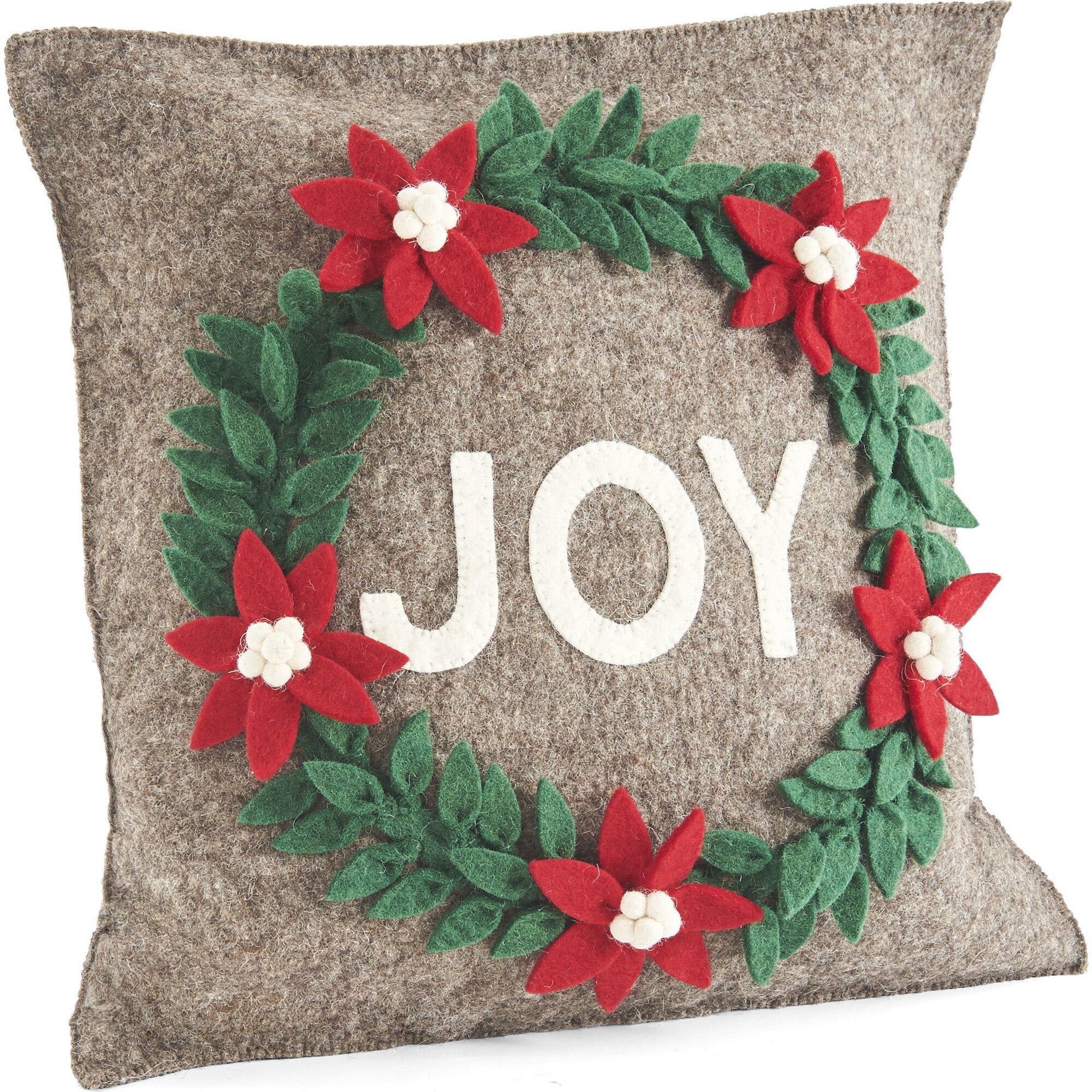 Hand Felted Wool Christmas Pillow - JOY Wreath in Natural Gray - 20