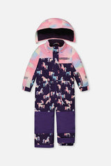 Kids One Piece Play Snowsuit Purple Unicorn Print