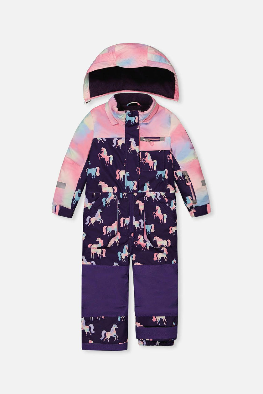 Kids One Piece Play Snowsuit Purple Unicorn Print