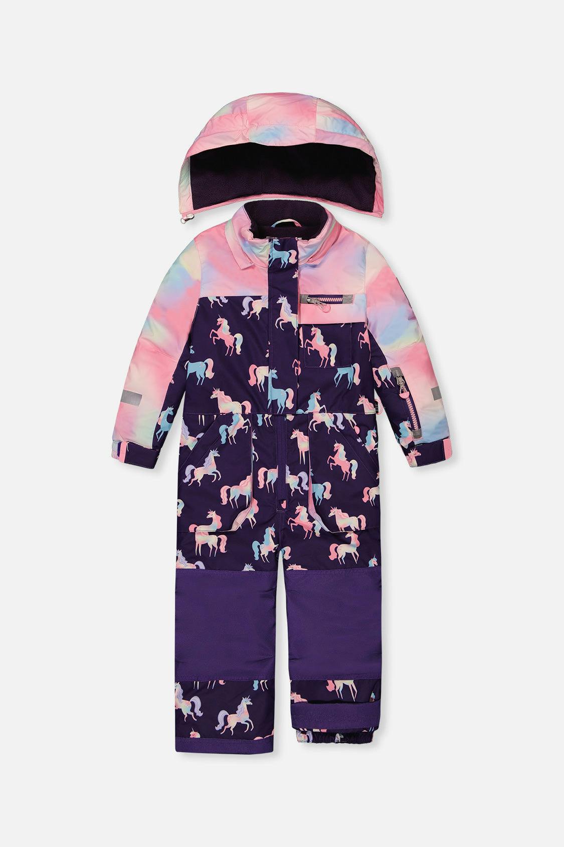 Kids One Piece Play Snowsuit Purple Unicorn Print