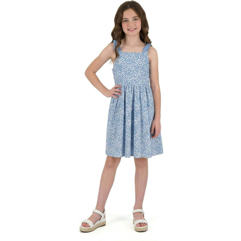 Tween Girls Floral Printed Dress W. Back Cutout | Blue Floral