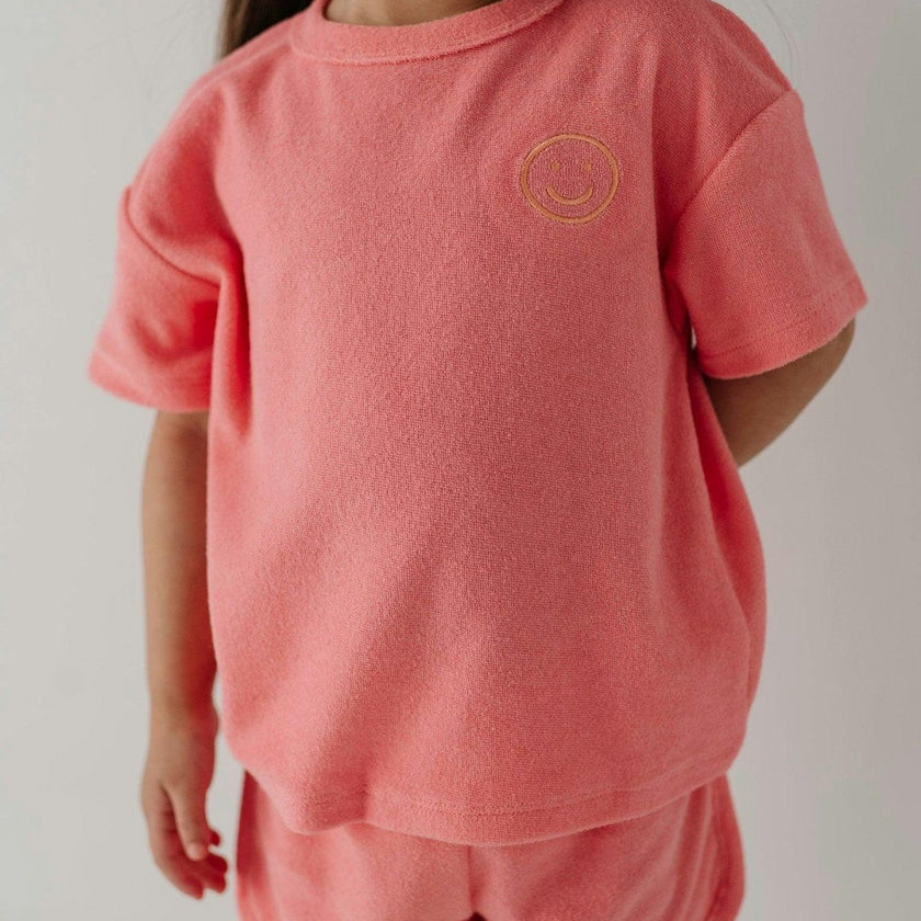 Girls Short Sleeve Cotton Terry Set in Strawberry Ice