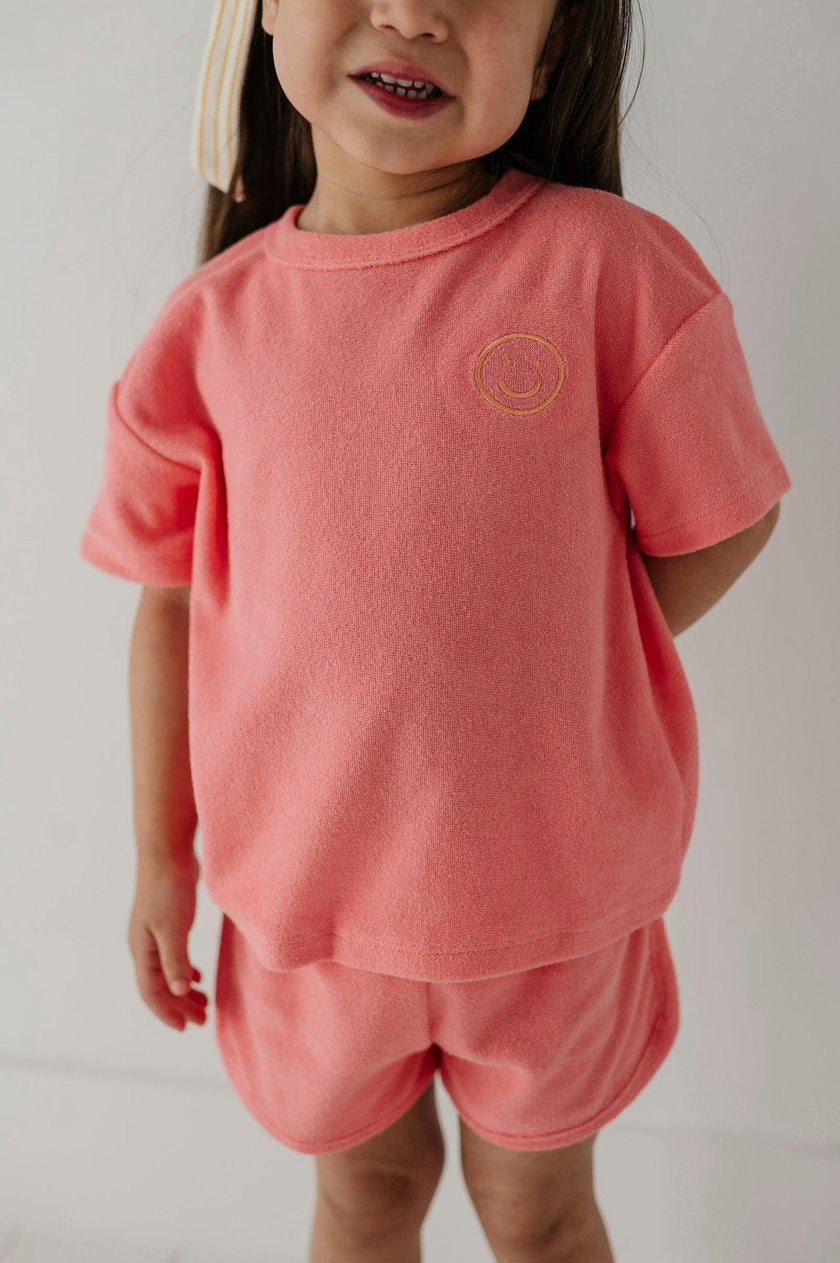 Girls Short Sleeve Cotton Terry Set in Strawberry Ice