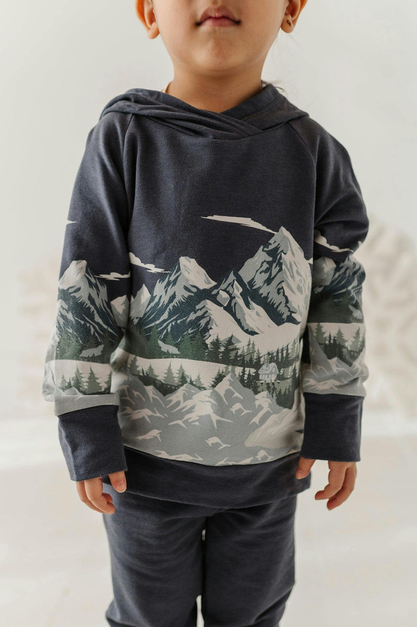 Boys Scenic Raglan Hoodie in Mountains on Nightfall Blue