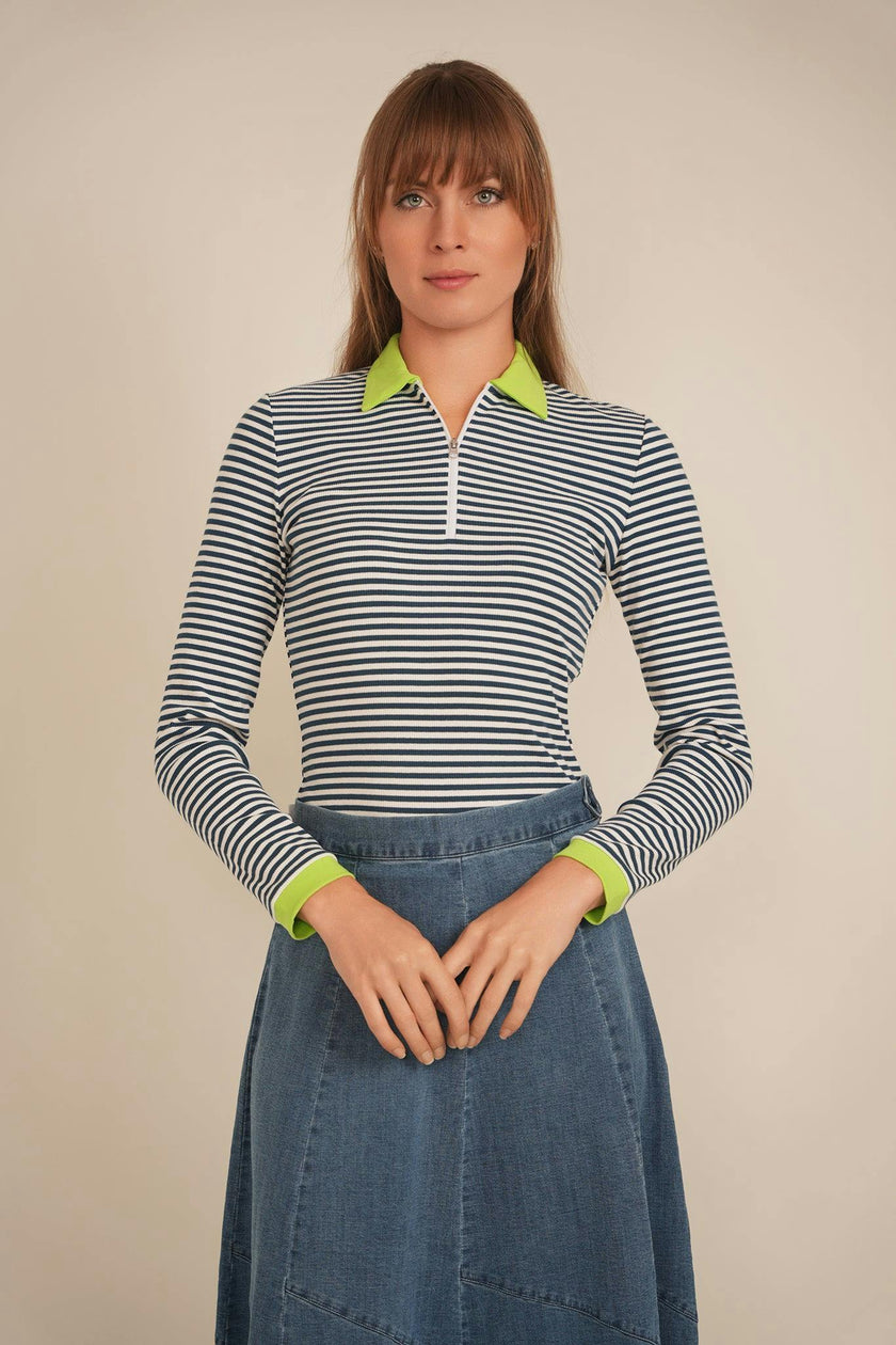 Stripped Ribbed Zipper Henley Tee