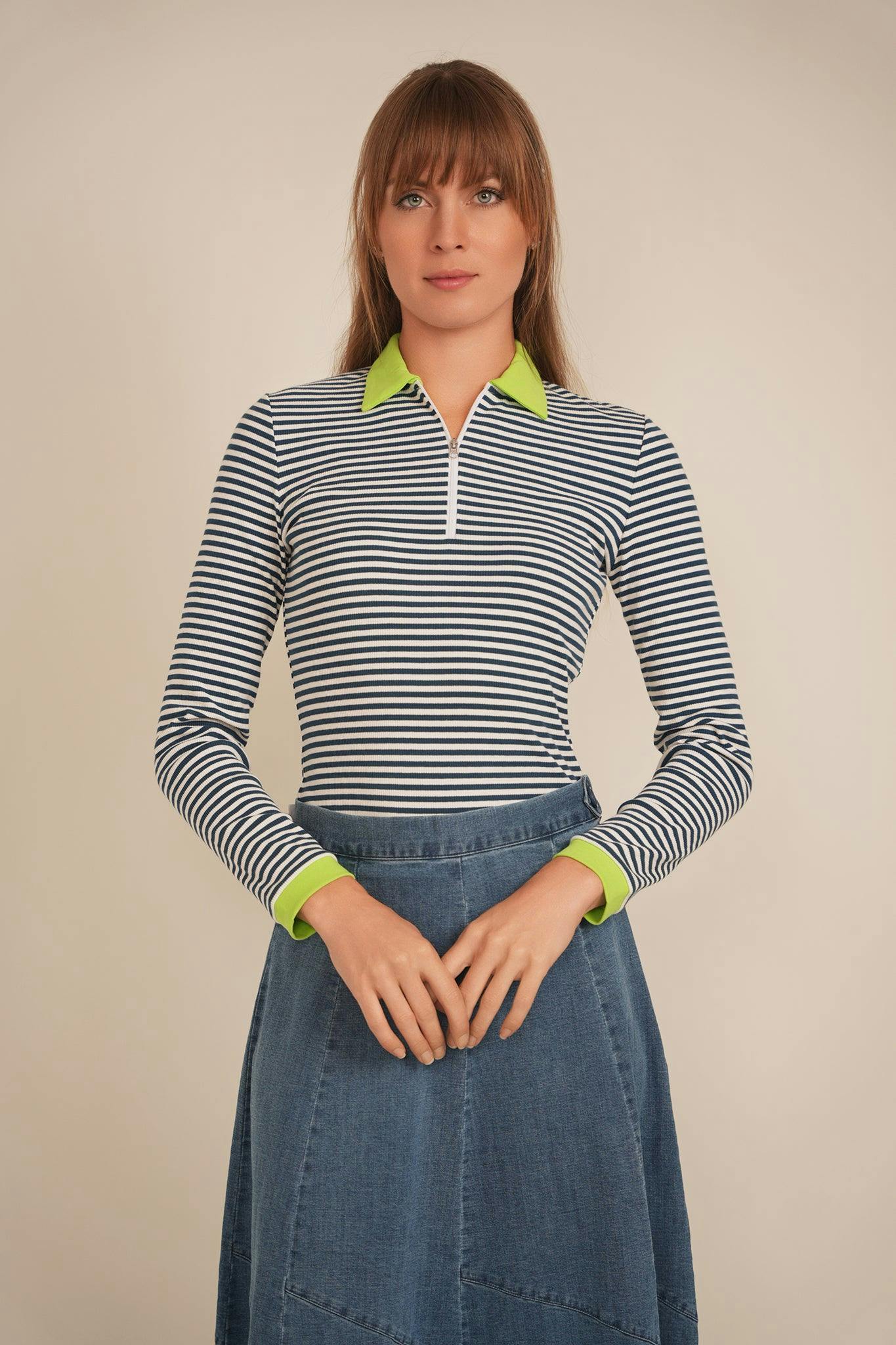 Stripped Ribbed Zipper Henley Tee