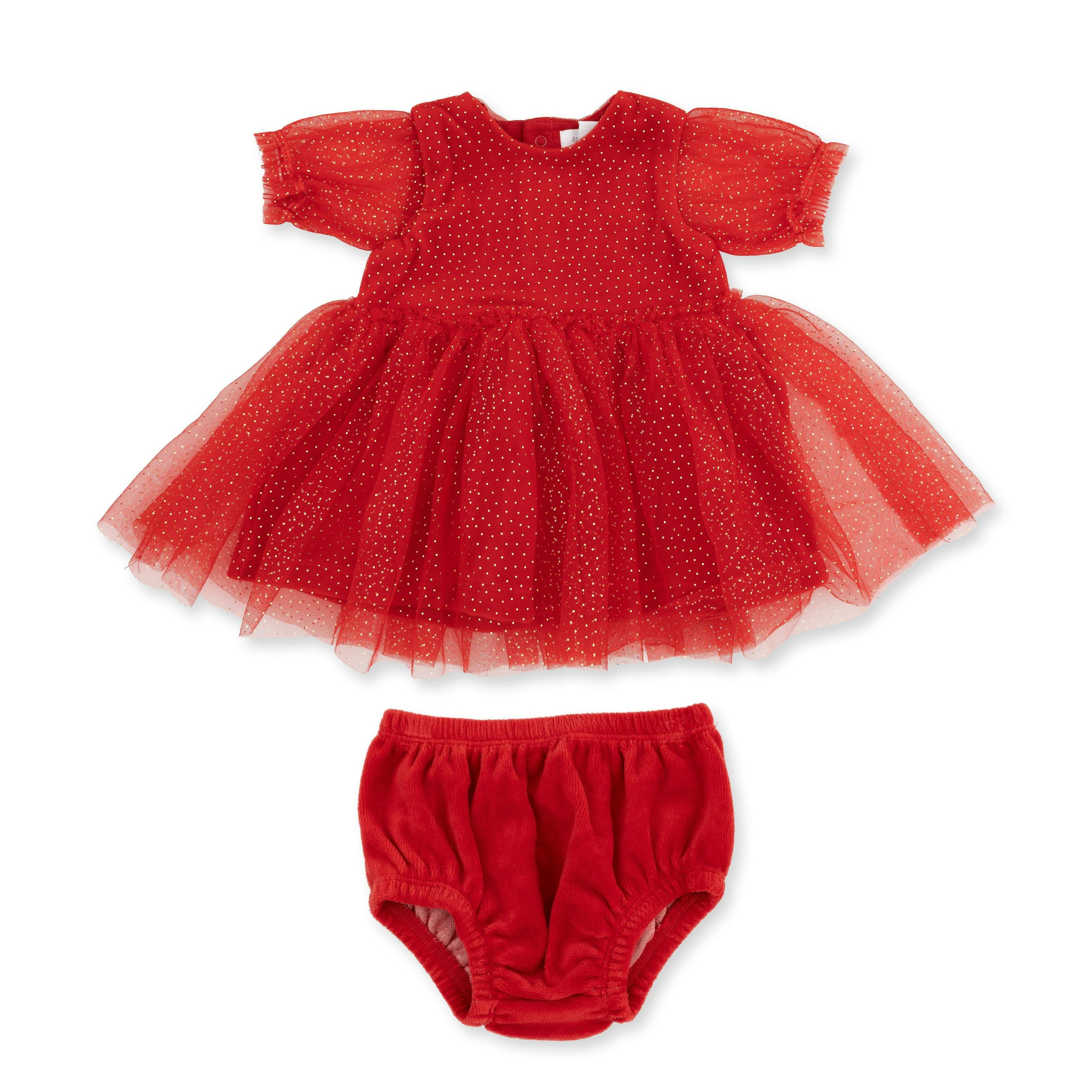 Velour Holiday Red - Puff Sleeve Dress with Tulle Overlay and Bloomer (up to 4T)