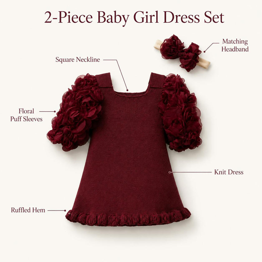Baby Girl Burgundy Floral Knit Dress + Matching Headband