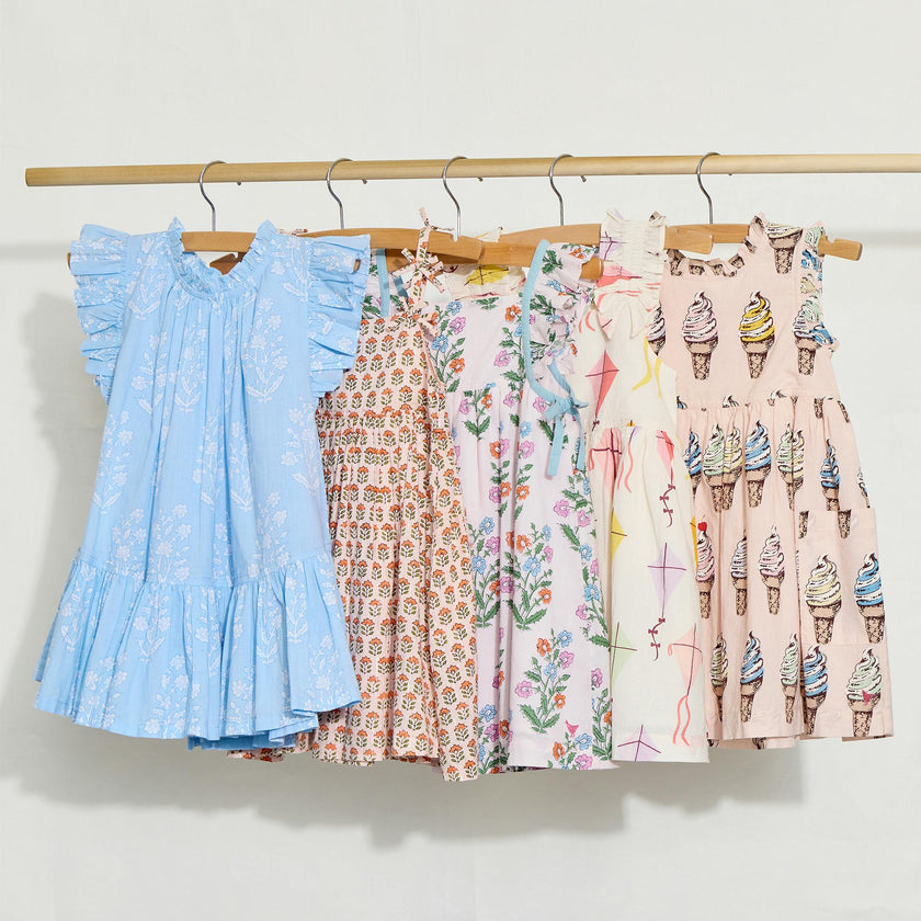 Girls Tia Dress - Pink Prairie Block Print
