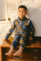 Two Piece Thermal Underwear Grey and Blue Dinosaur Print