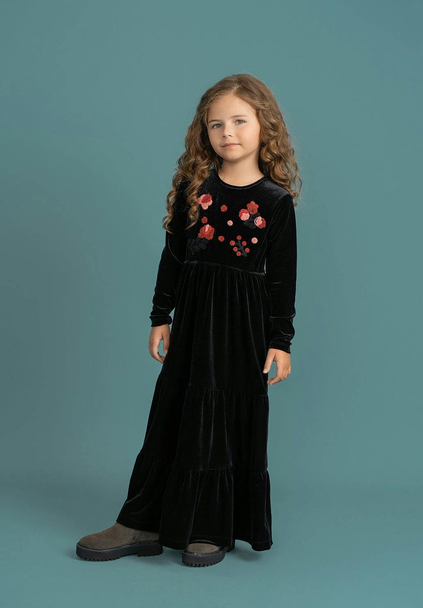 Flower Embroidered Velour Dress