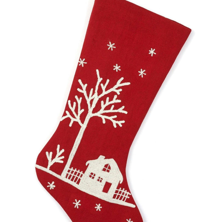 Snowy Village Embroidered Scene Red Handmade Christmas Stocking Arcadia Home