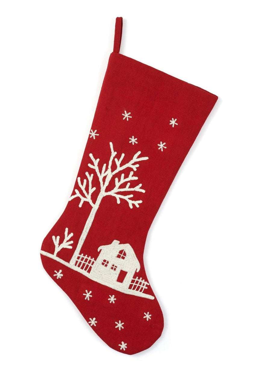 Snowy Village Embroidered Scene Red Handmade Christmas Stocking
