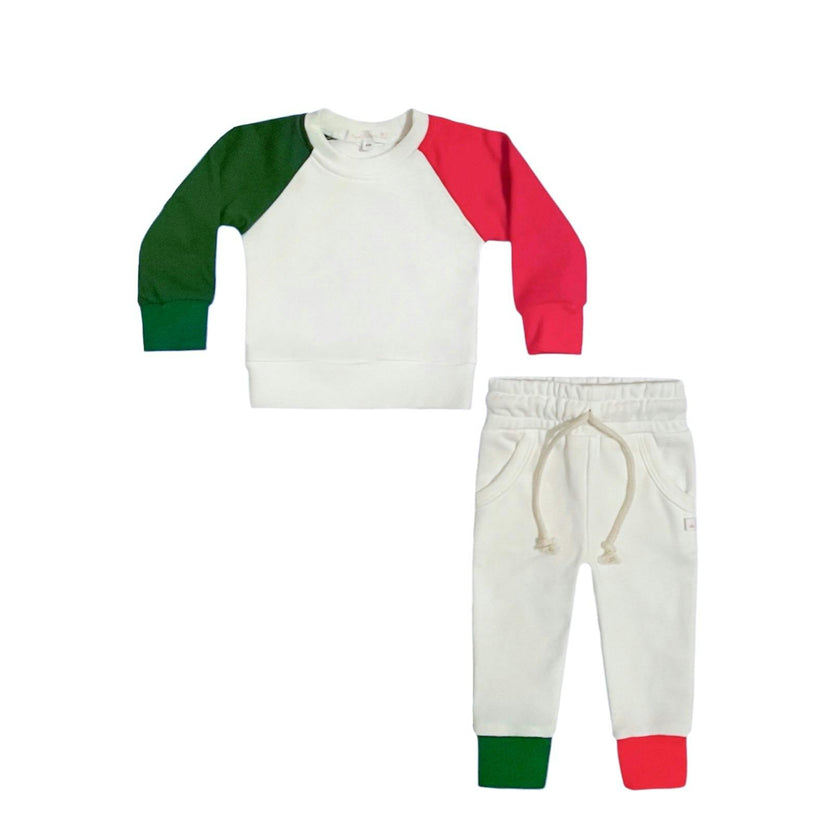 White Red & Green Colorblock Crewneck Terry Sweatshirt Sweatpant 2pc Sweatsuit Set