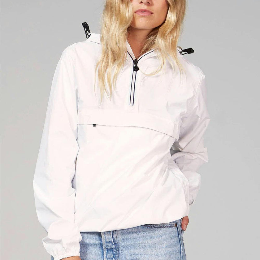 White quarter zip packable rain jacket and windbreaker