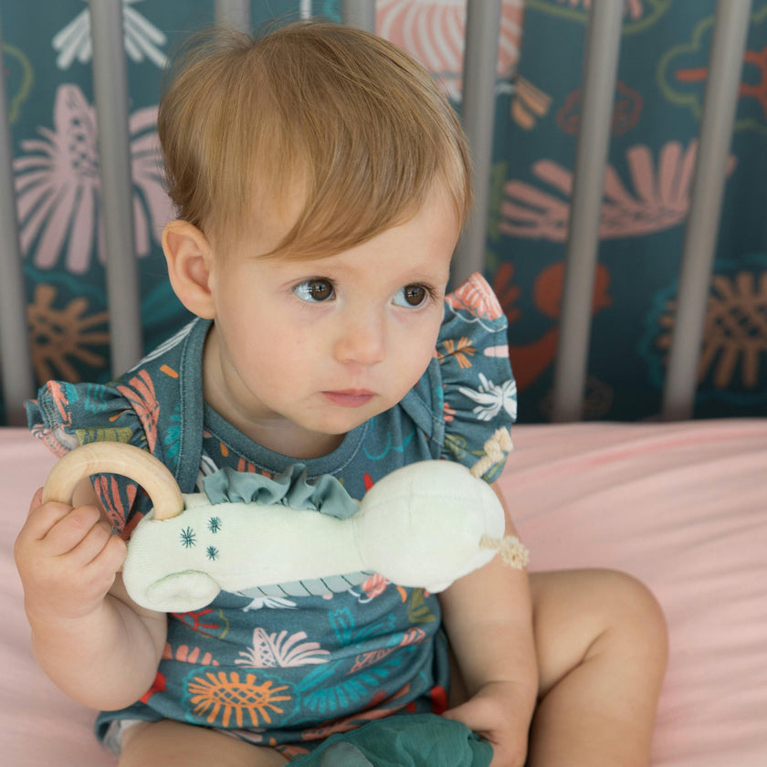 Teal Seahorse Teething Rattle