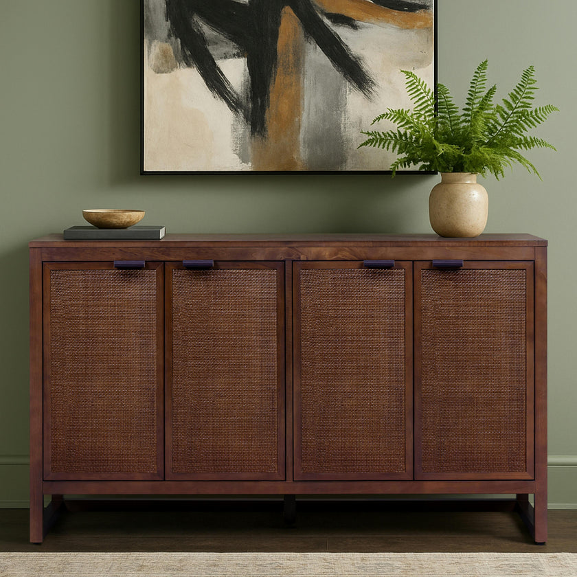 Hatteras Sideboard Cabinet with 4 Rattan Inlay Doors and Adjustable Shelf