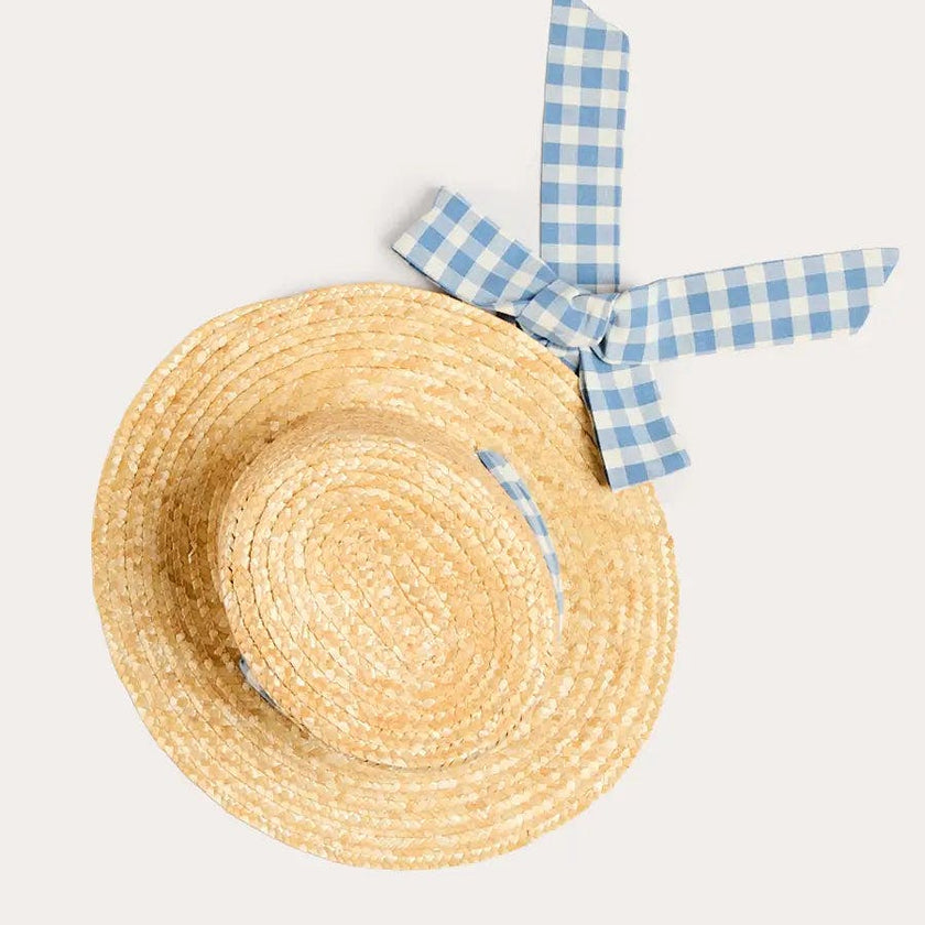 Darby Gingham Straw Boater Hat in Blue (M-L)