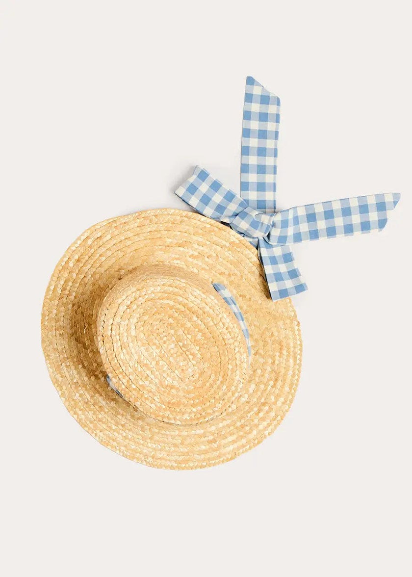 Darby Gingham Straw Boater Hat in Blue (M-L)