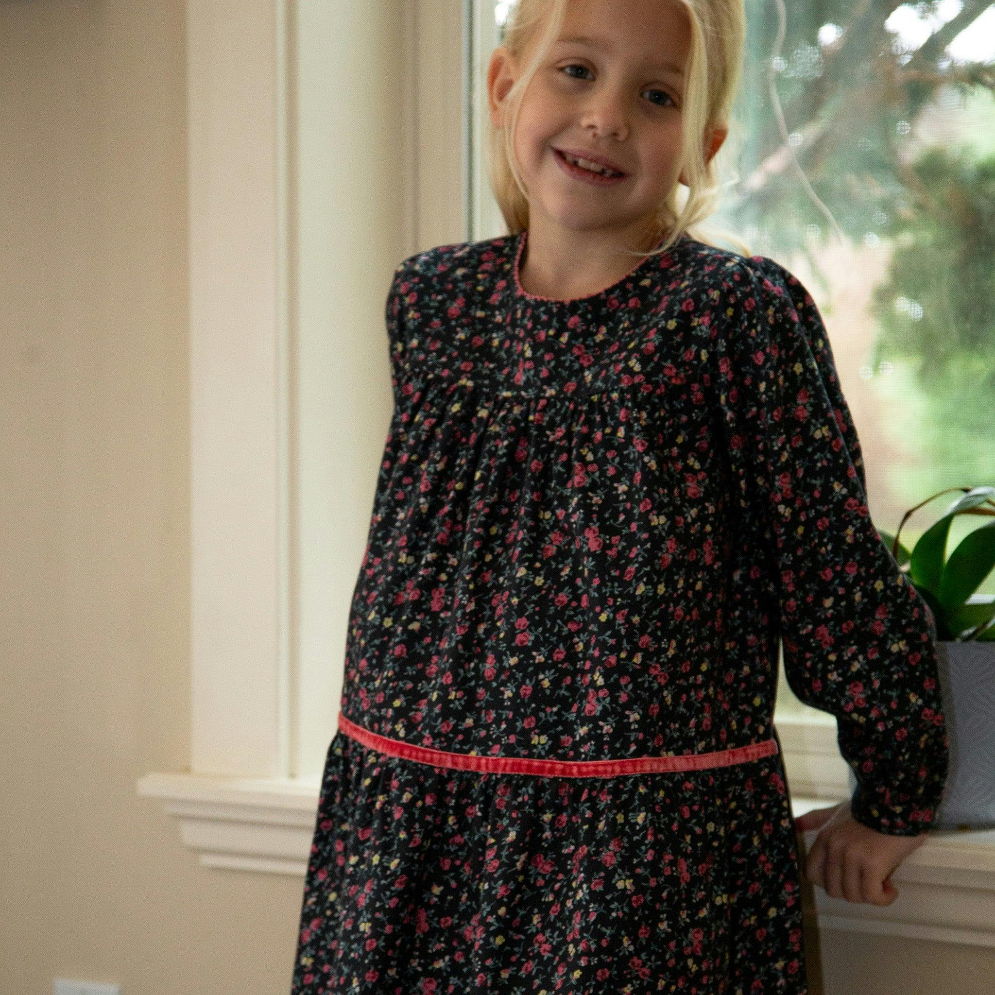Piper Tiered Dress with Velvet Trim | Ebony Floral
