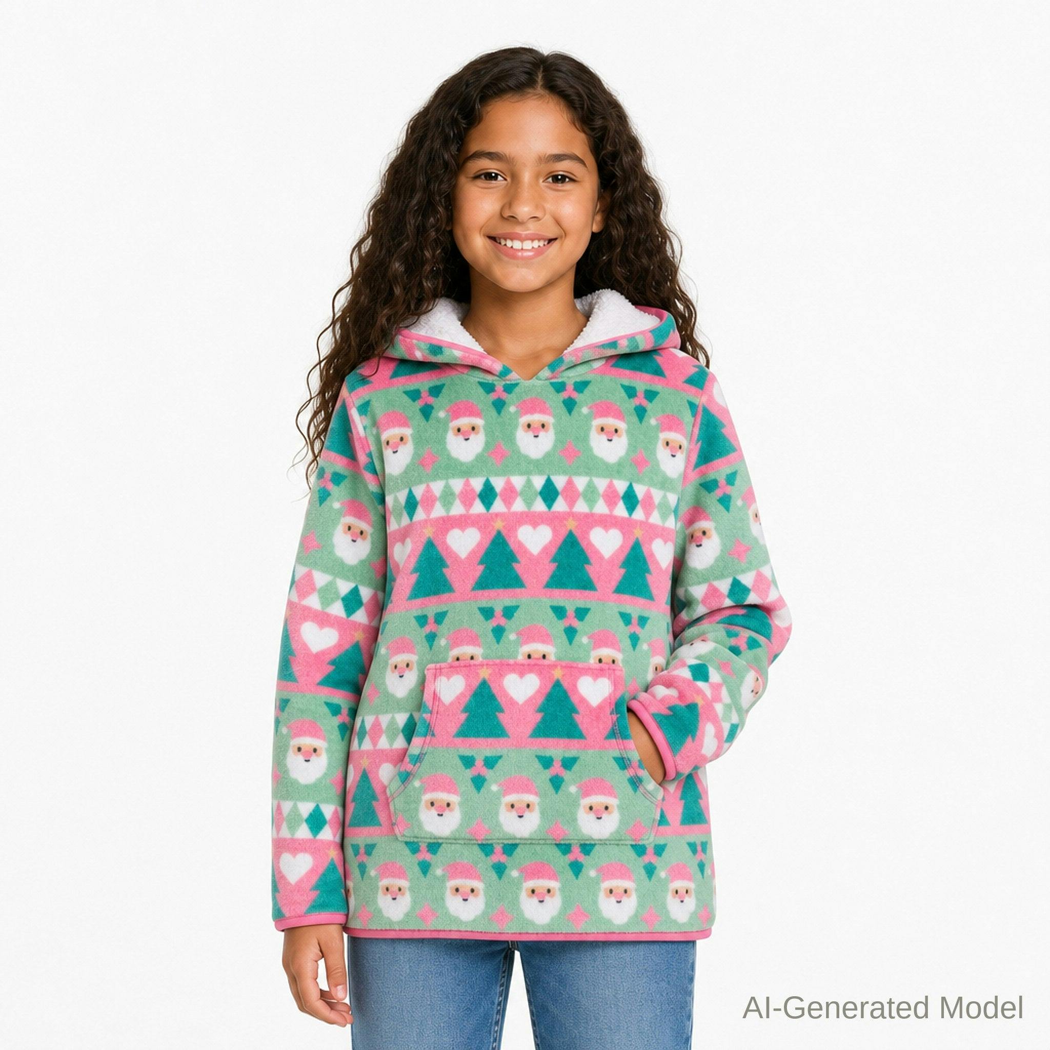 Tween (7-16) Girls Plush Hoodie | Holiday Fair Isle