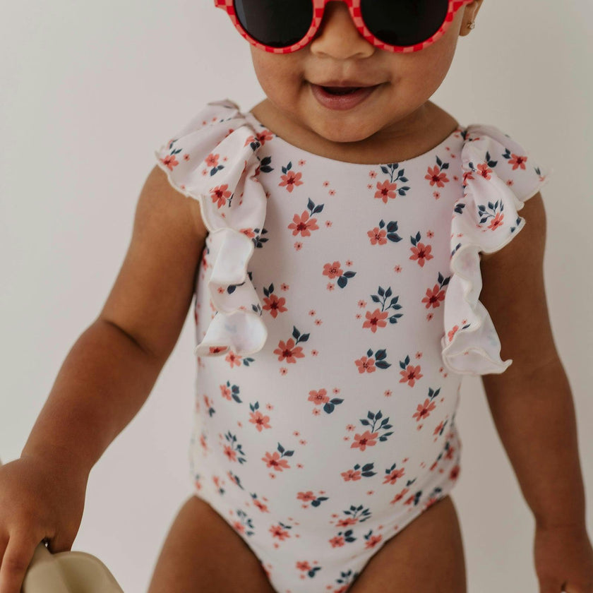 Girl's Ruffle Sleeve Cross Back Swimsuit