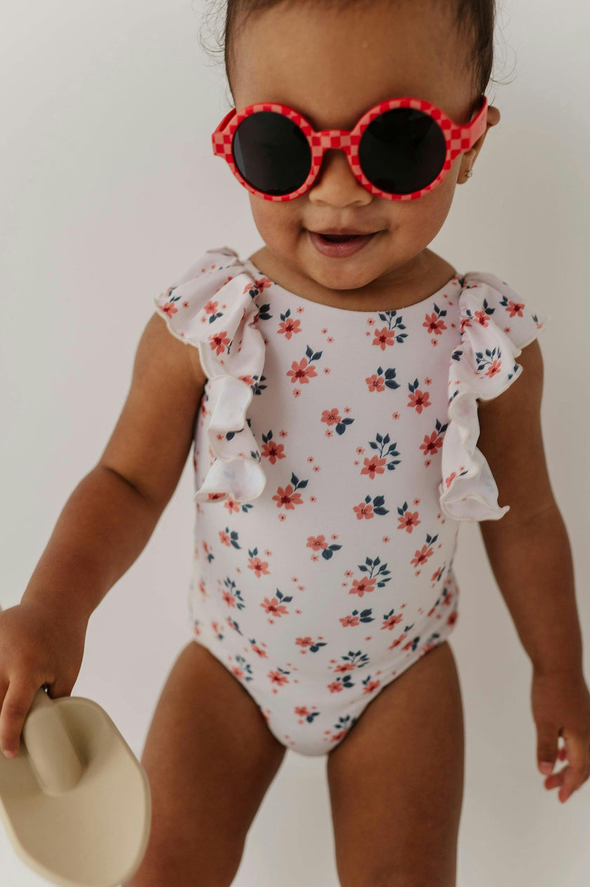 Girl's Ruffle Sleeve Cross Back Swimsuit
