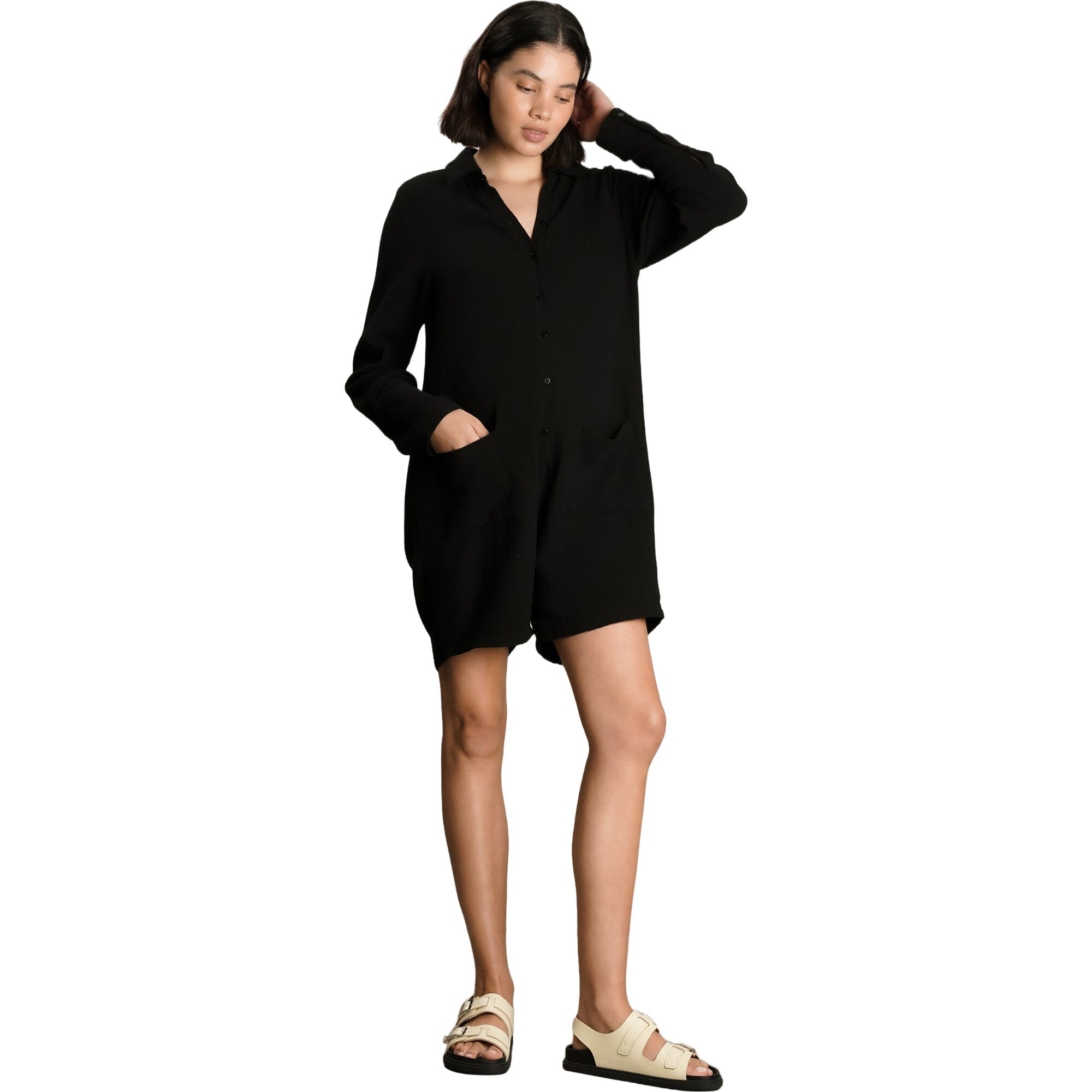Women's Maternity Juniper Cotton Button-Placket Romper, Black