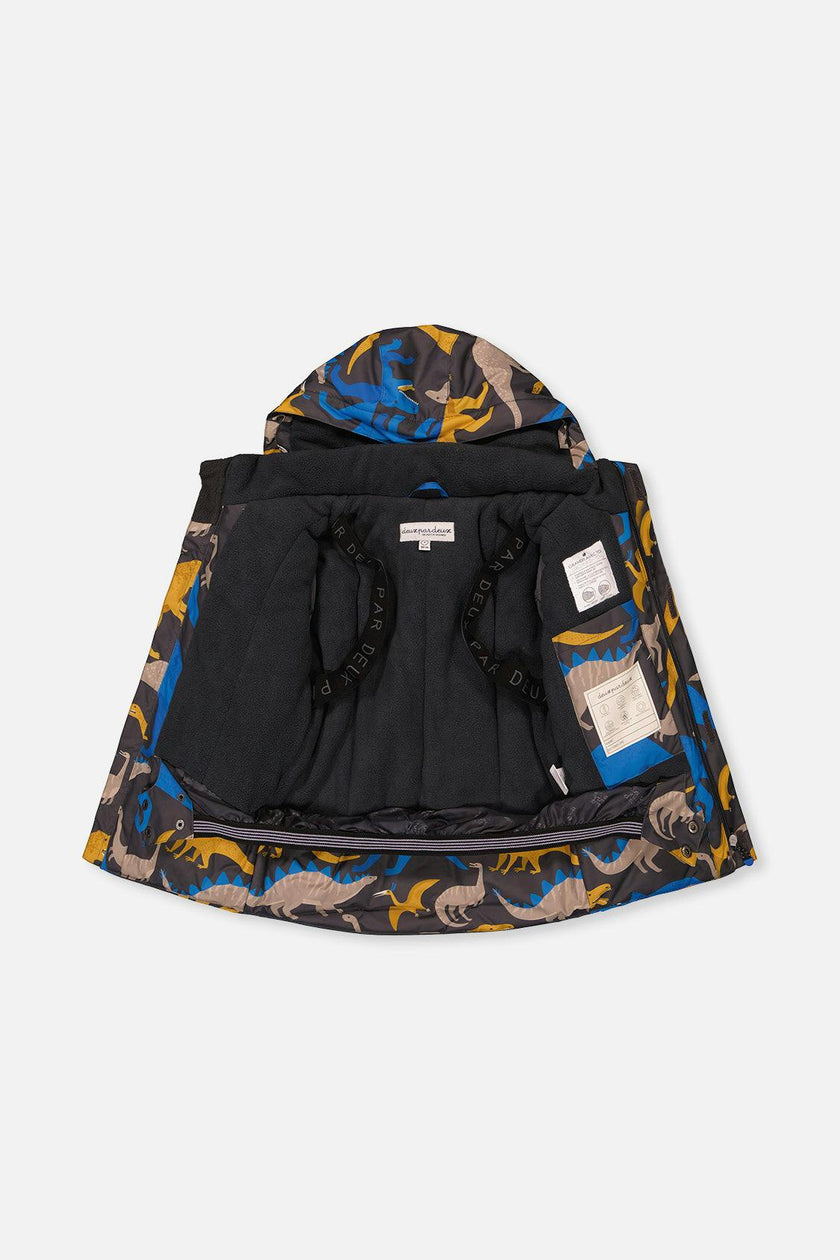 Two Piece Play Snowsuit Grey and Blue Dinosaur Print with Yellow Pants
