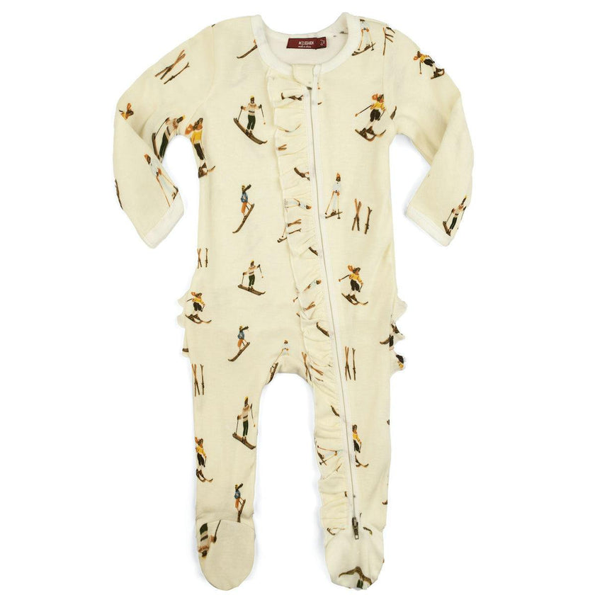 Vintage Natural Ski Organic Cotton Ruffle Zipper Footed Romper