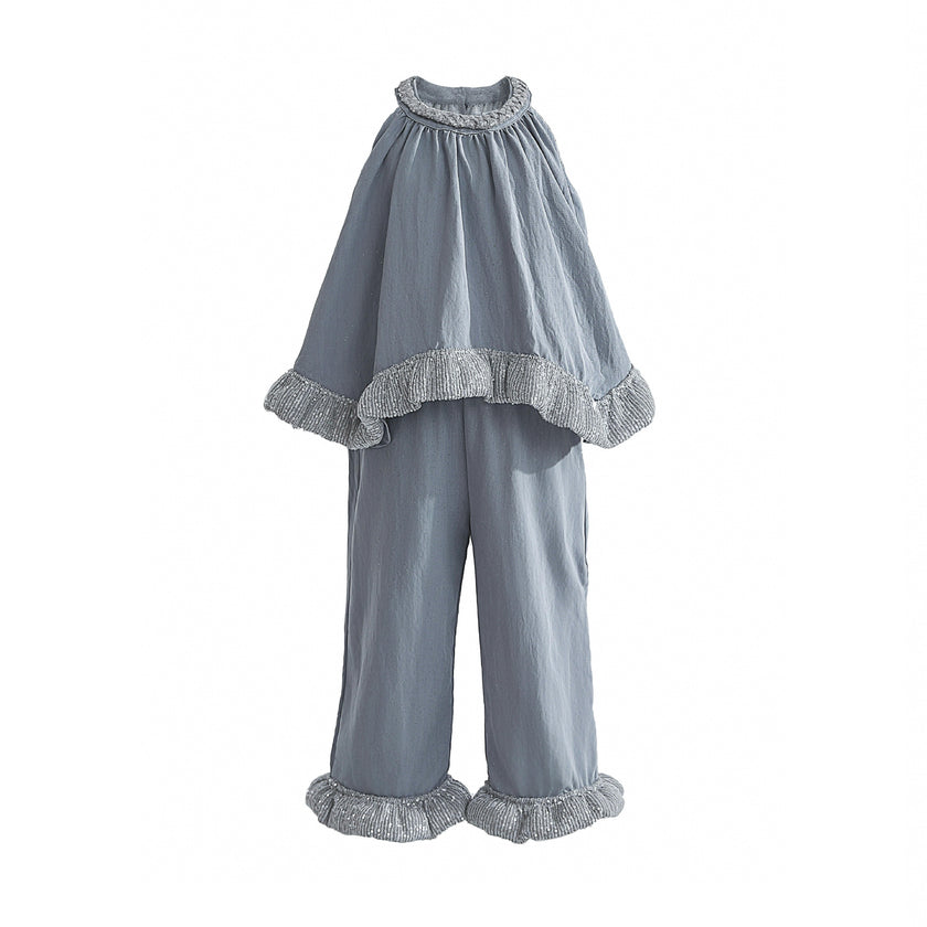 Blue Calyra Ruffle Pant Set