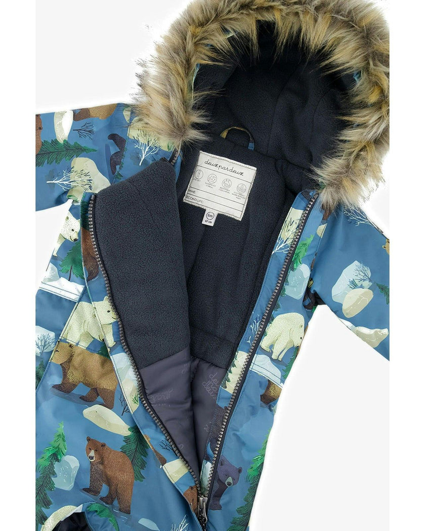 Baby One Piece Snowsuit Adapted For Car Seats Blue Bear Print