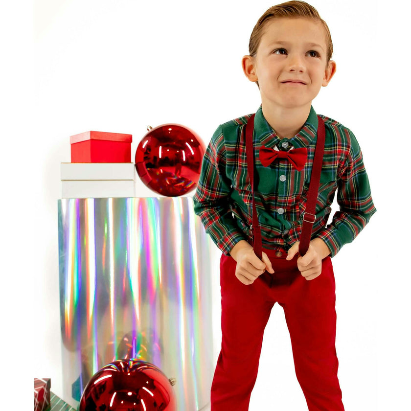 Jr Star Premium Child Festive Plaid Button Up and Bow Tie Set