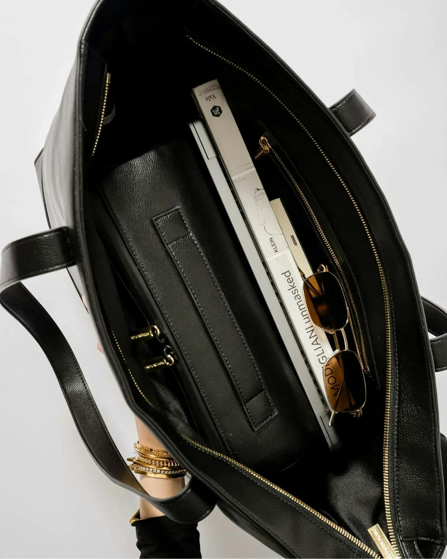 Vegan Leather Work Tote Bag with Removable Insulated Pouch, Black