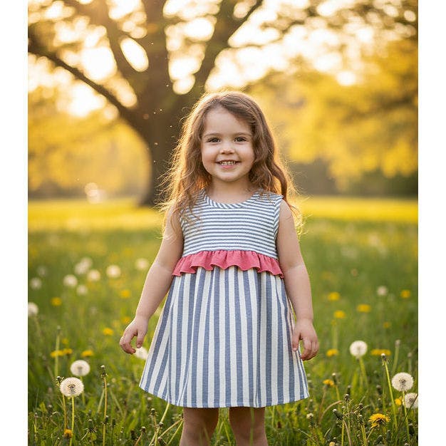 Grey Stripe Bow Back Ruffle Dress, Grey