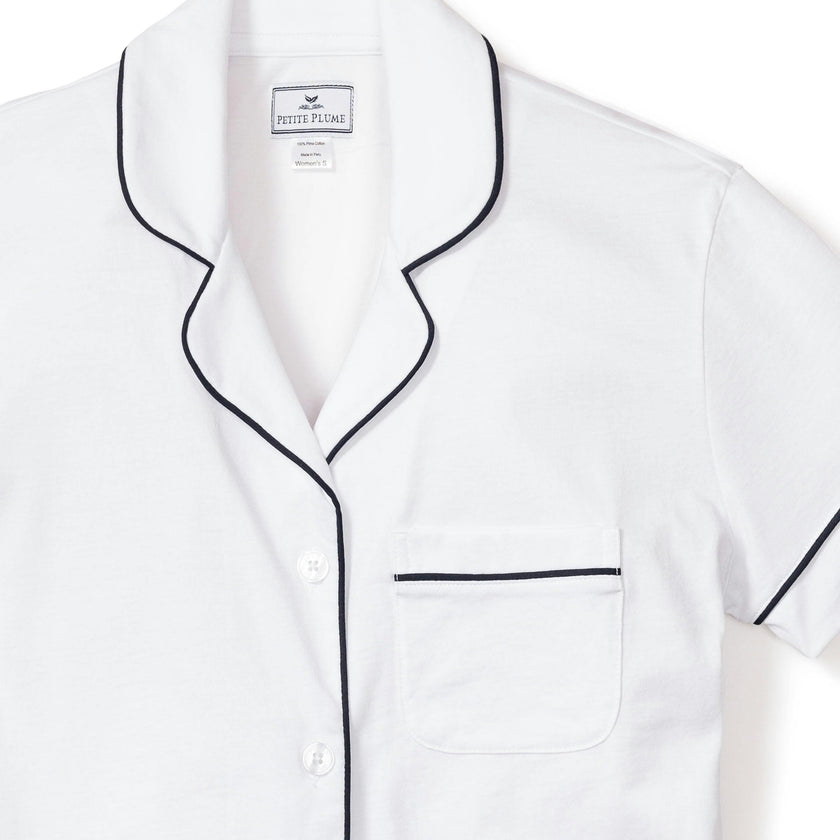 Women's Pima Pajama Short Set in White with Navy Piping