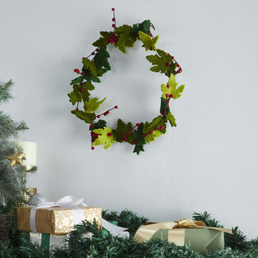 Maple Leaf Wreath Berries Hand Felted Wool - 12"