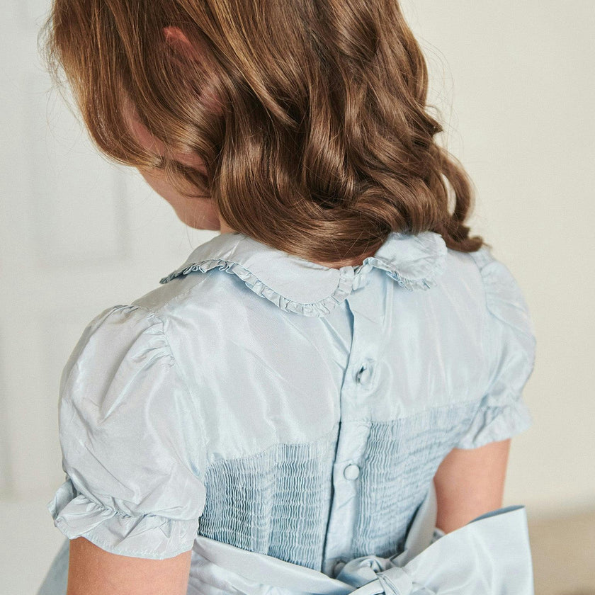 Light Blue Eva Silk Ceremony Girl Hand-Smocked Dress