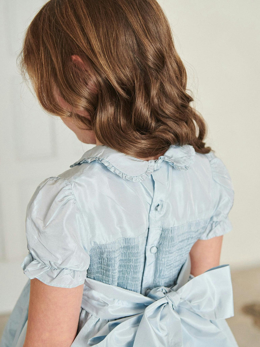 Light Blue Eva Silk Ceremony Girl Hand-Smocked Dress