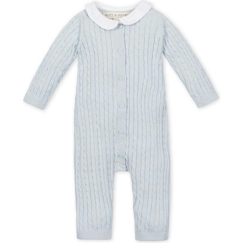 Organic Peter Pan Collar Button Front Sweater Romper, Blue