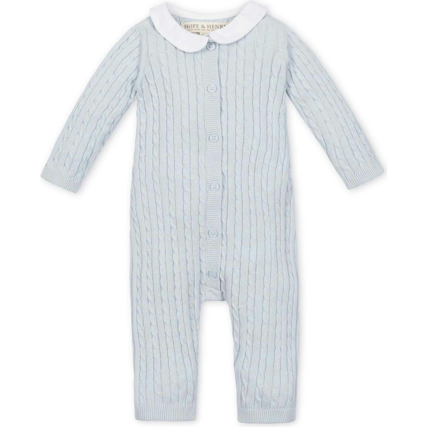 Organic Peter Pan Collar Button Front Sweater Romper, Blue